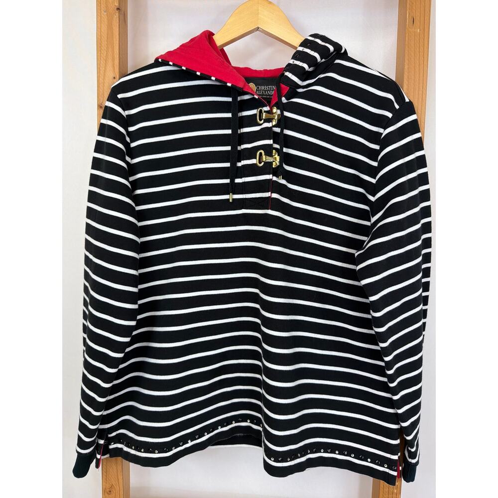 Christine Alexander Black & White Striped Hooded Top with Red Contrast Size XL